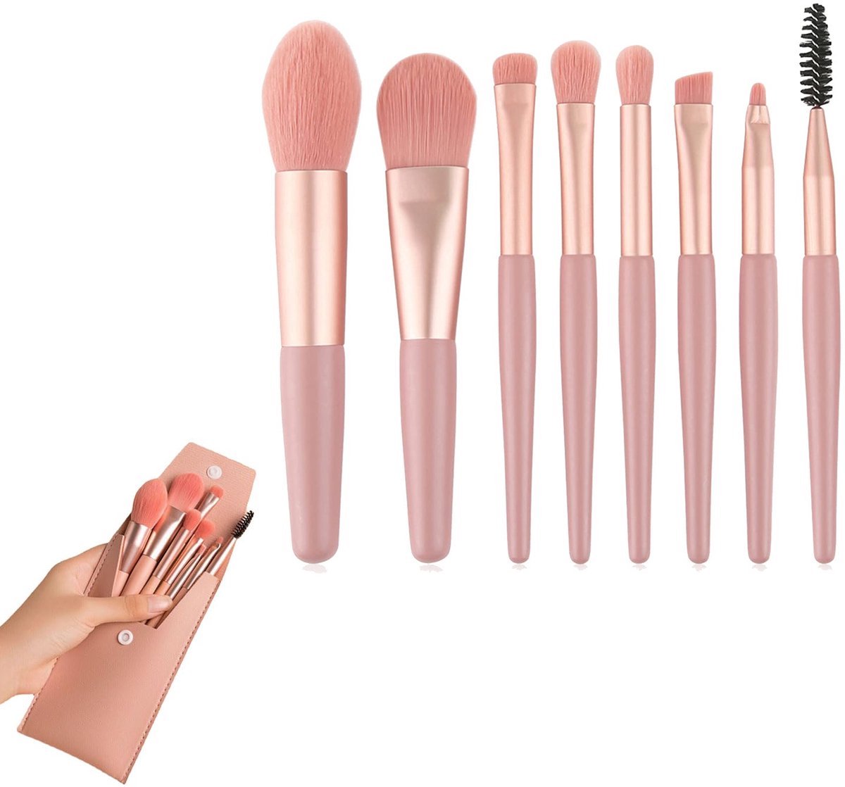 Okado Make-up Kwastenset 8-delig Roze – Met Luxe Reisetui – Synthetische Zachte Haren – Voor Oogschaduw, Poeder, Blush, Lippen & Wenkbrauwen – Vegan