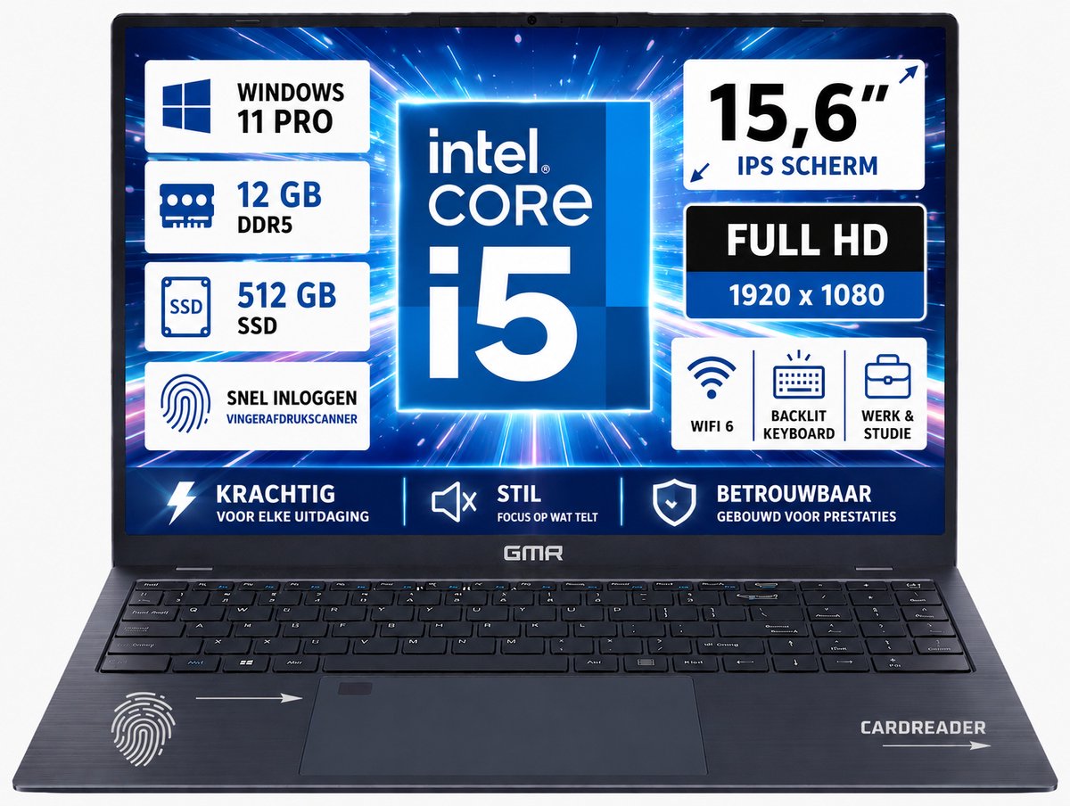 GMR Laptop 15.6 Inch Full HD IPS | Intel Core i5 | 12GB DDR5 RAM | 512GB SSD | Windows 11 Pro | Zakelijke Laptop | Studenten Laptop | Thuiswerk Laptop | Office Laptop | Notebook