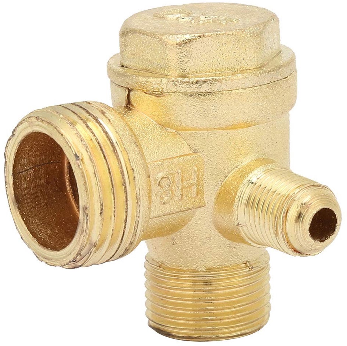 BRENZOOS- Luchtcompressorventiel 3-weg - Terugslagklep - Buitendraad 1/2" / 3/8" - Zinklegering - Draaddiameter 9,5-10 mm - Totale maat 42 x 39 mm - Luchtklep
