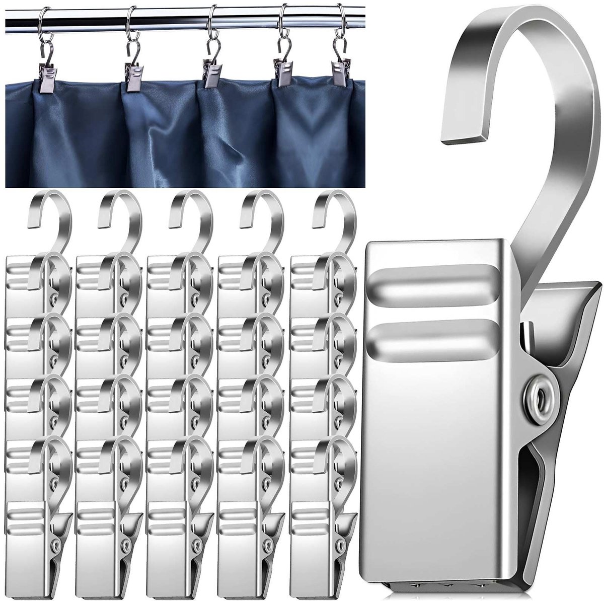 JHUBERS- Gordijnhaken met Veerclip - 100 Stuks - Roestvrij Staal - Multifunctioneel - Zilverkleurig - Totale Lengte 35 mm - Gordijnclips