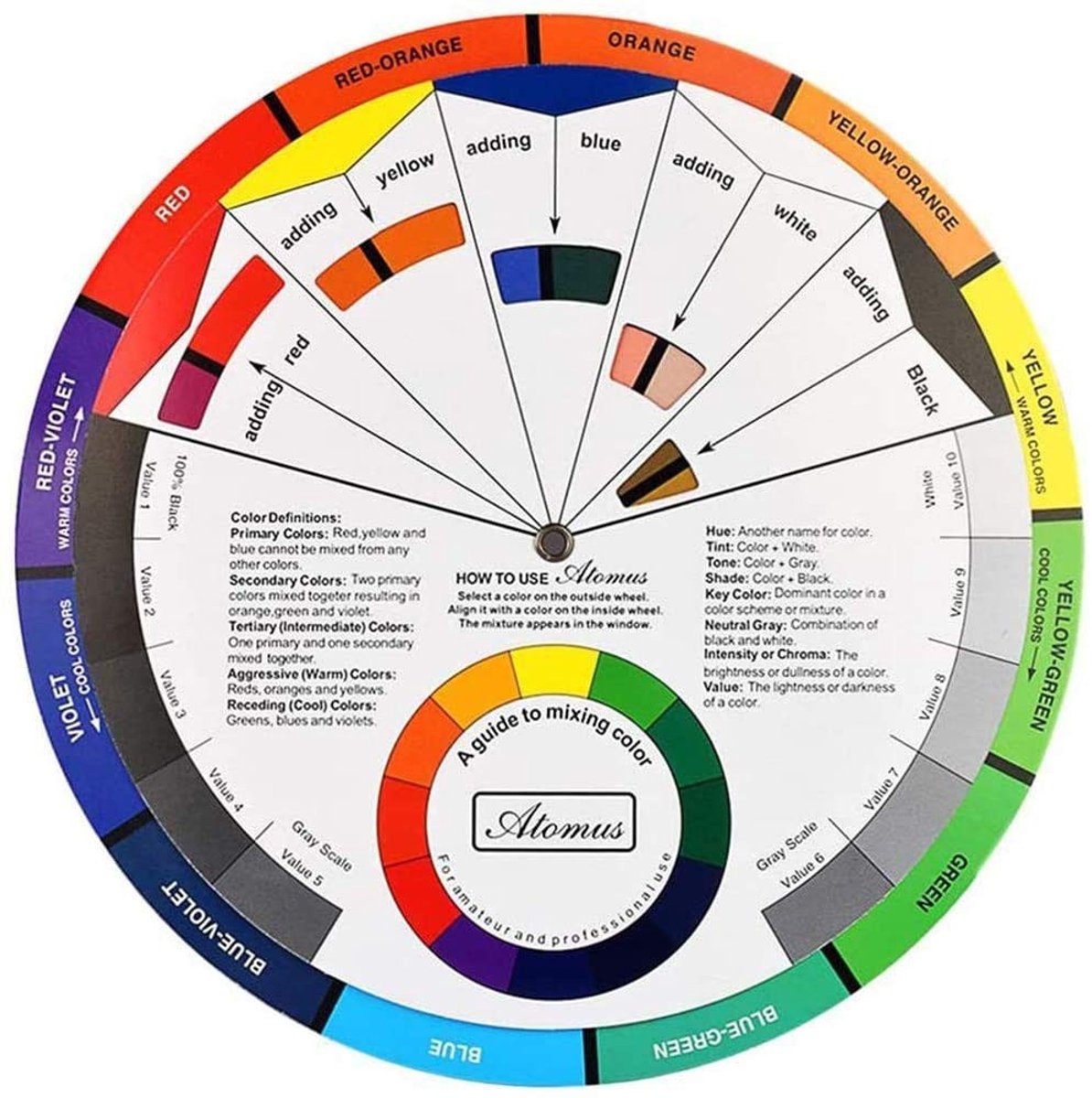 BRENZOOS- Kleurenwiel 9,8 inch - Verfmenging - Kleurcoördinatie - Beginnersgids - Kleuridentificatie - Harmonieuze kleurencombinaties - Kleurengids