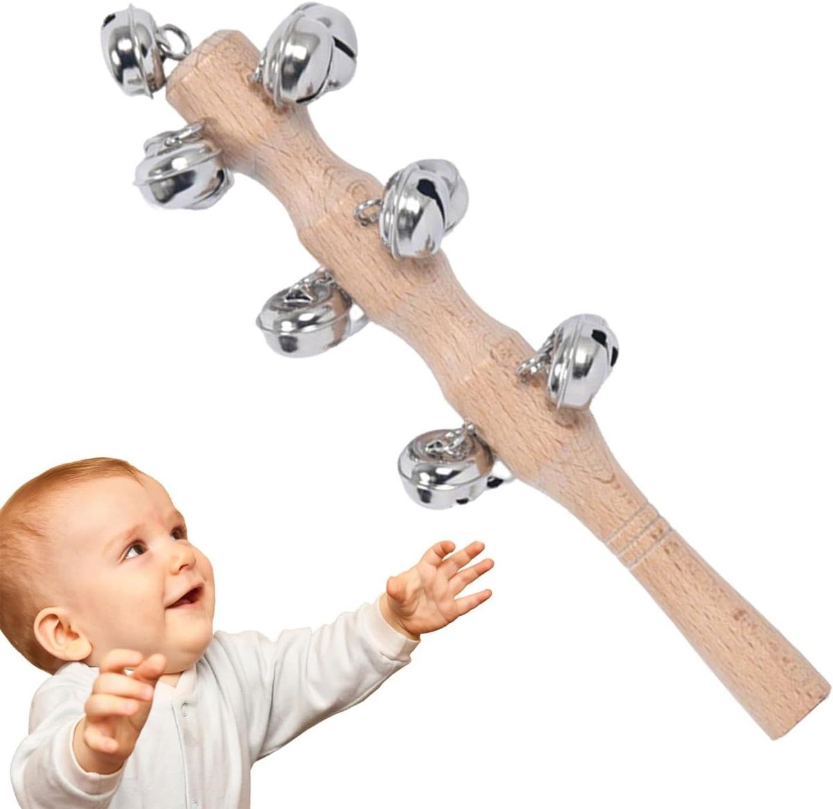 Houten Jingle Handklok - Muziek Rammelaar - Muziek Maken - Comfortabele Houten Greep - 19 cm Lengte - Natuurlijk Hout