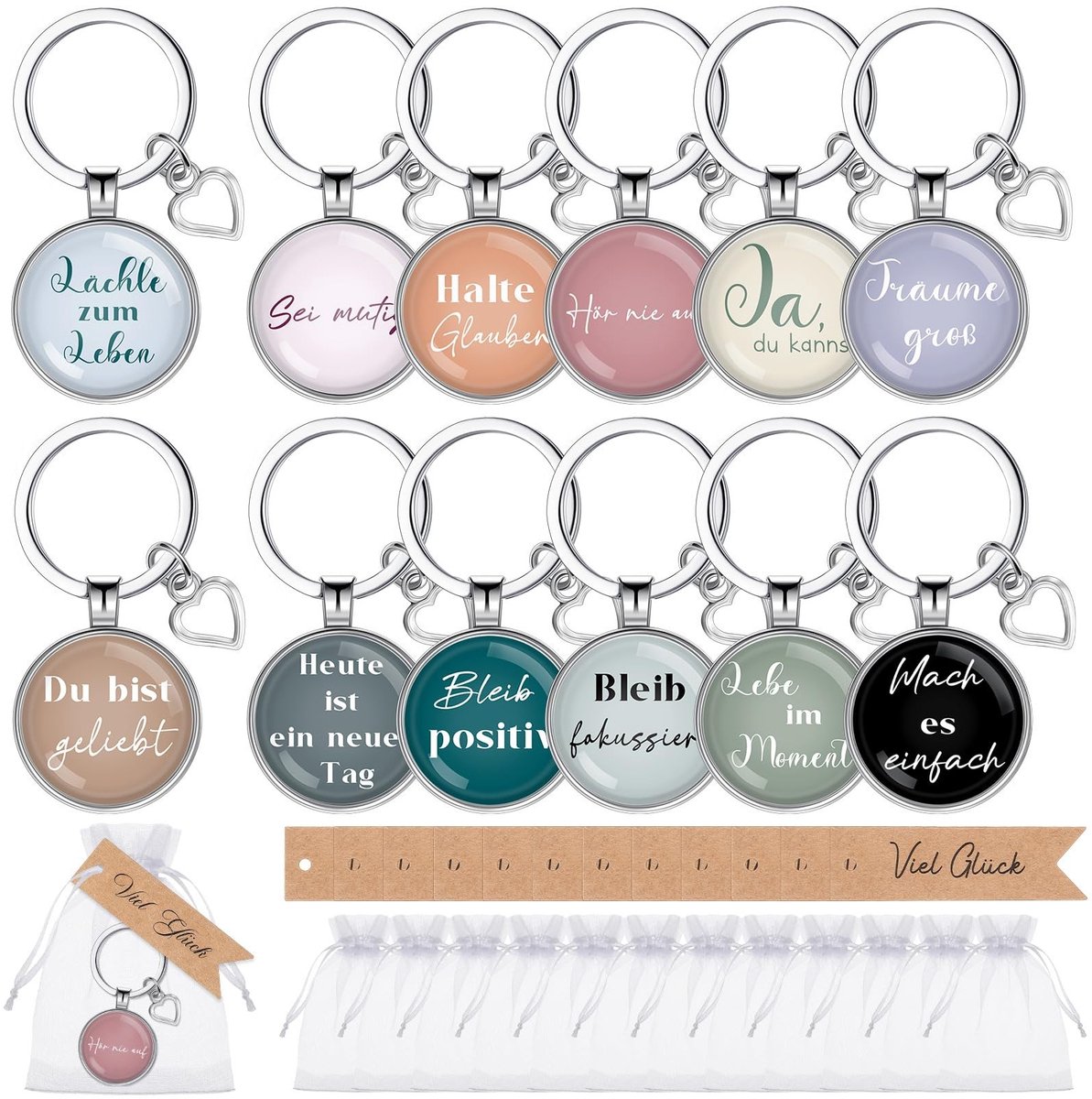 BRENZOOS- Sleutelhangers 12 sets - Bedankje etiketten - Organza zakje - Inspirerend cadeau - Voor leraren/vrienden - Ronde hanger 2,85 cm - Bedankcadeau