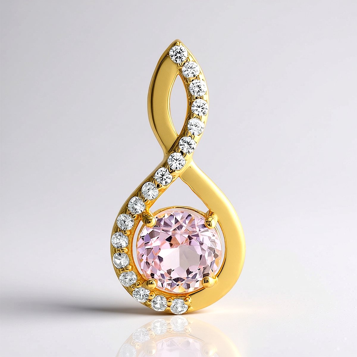 Cavill - Zilveren Hanger met Kunziet en Zirkonen - 925 Sterling Zilver Verguld - 6 mm Roze Kunziet Rond - 1,22 ct - Elegant S-vormig Design