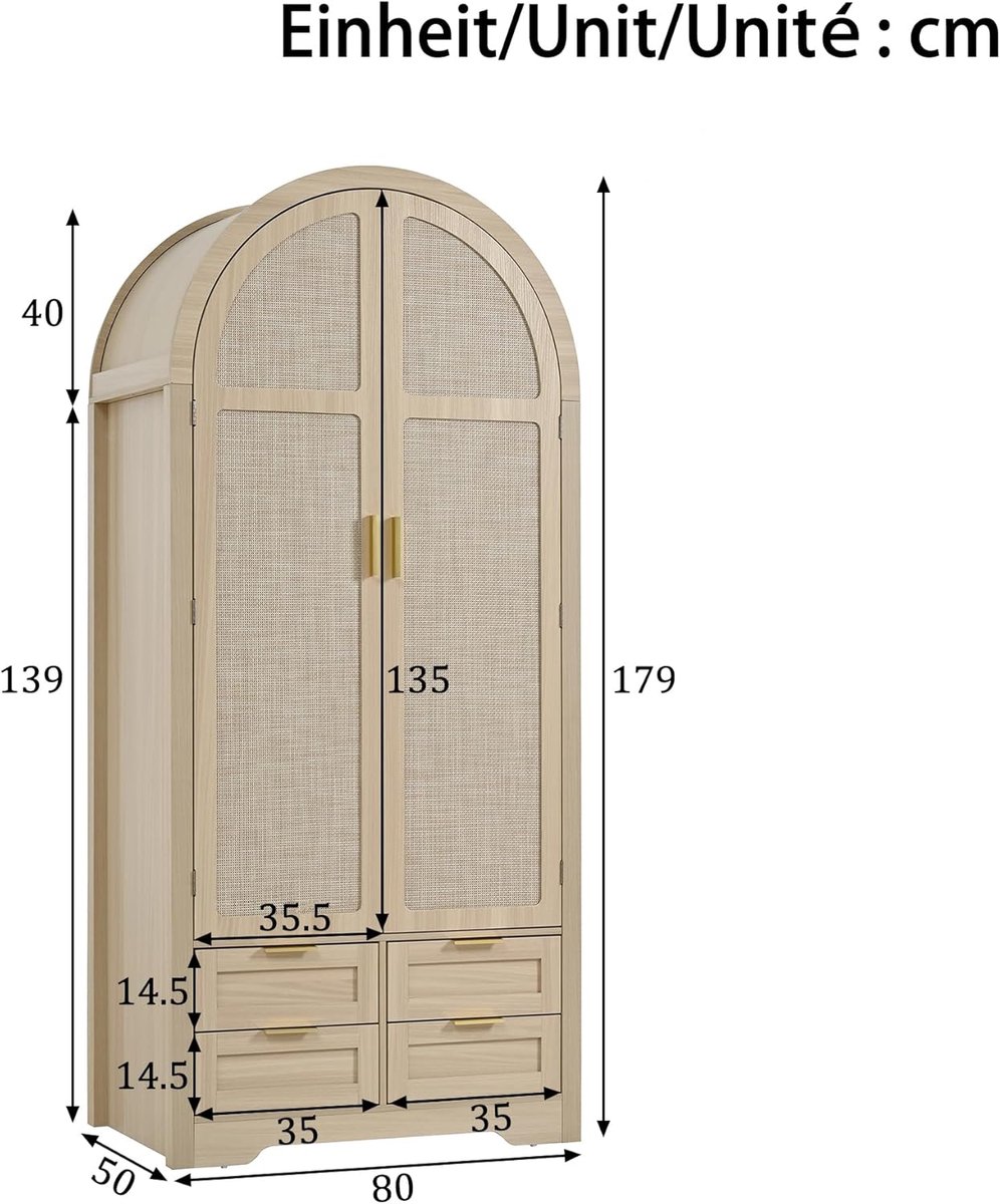 Kledingkast met hanggedeelte en lade – garderobekast 79x50x175 cm walnootlook met stoffen/rotan deuren – vrijstaande kledingopberger met houten poten – modern slaapkamer kast design – House&Garden