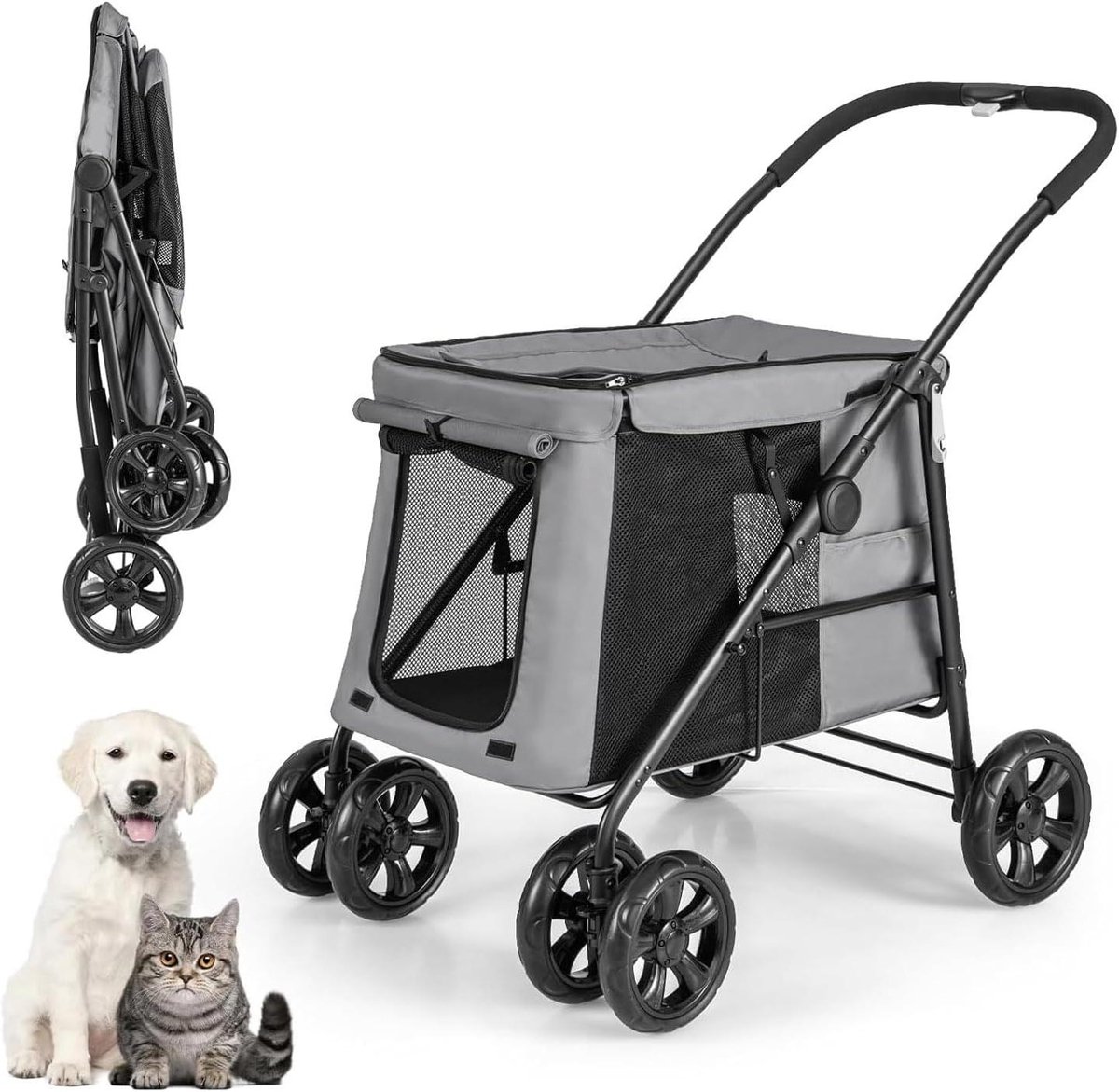 Huisdier Wandelwagen - Hondenbuggy Kattenbuggy - Comfortabel Reizen - Opvouwbaar Met Eén Knop - 42 x 25 x 41 Inch
