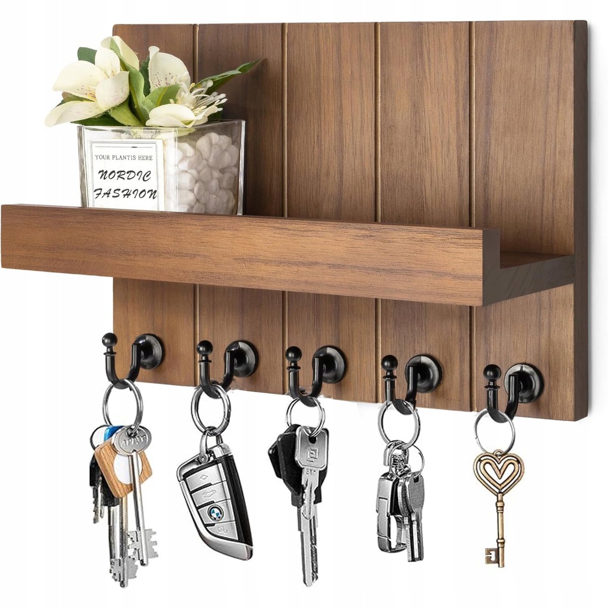 Wandkapstok met Plank en 5 Haken - Decoratieve Houten Organizer