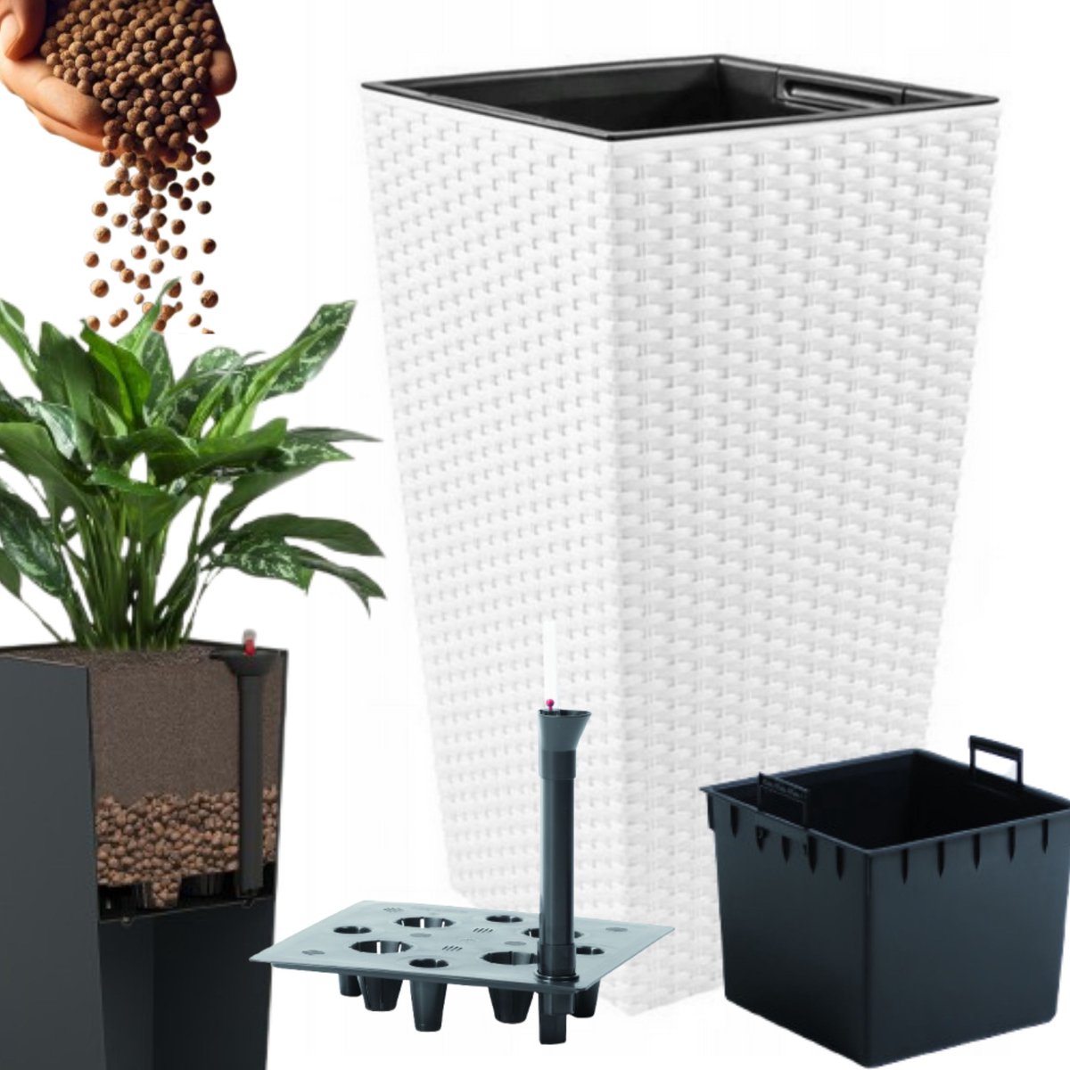 Hoge Rattan Optiek Pot met Inzet & Irrigatiesysteem - Wit 24x45 cm