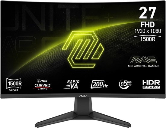 Gebogen 27 inch MSI gaming monitor met 200Hz en HDR Ready, met logo en 'MAG MSI ARSENAL GAMING' tekst.