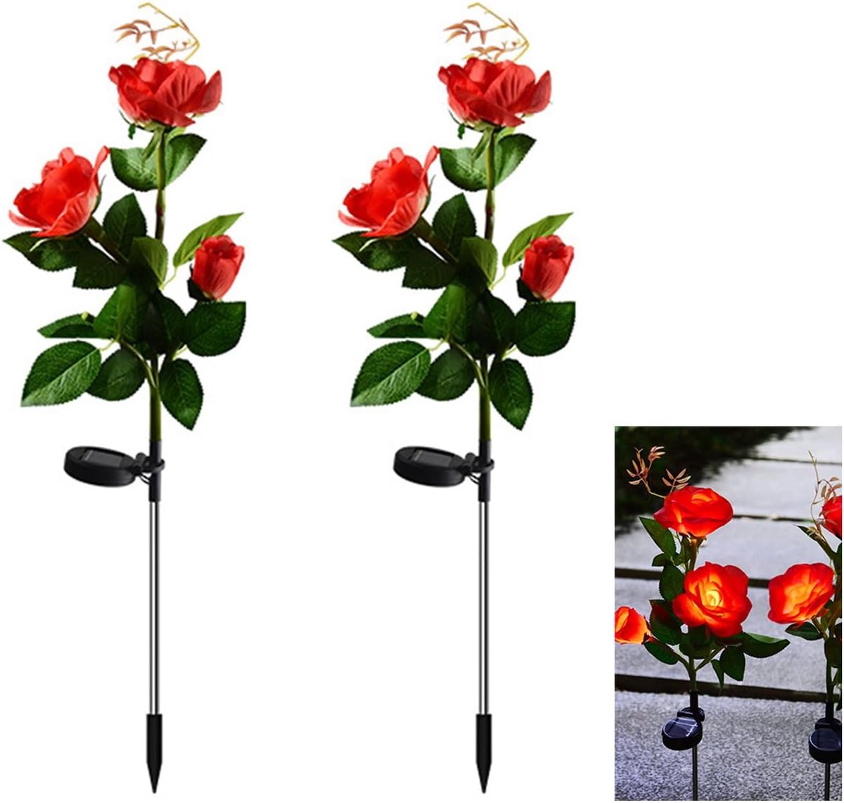 Twee op zonne-energie werkende LED-decoratieve tuinlampen met gesimuleerde rozenmotieven (rood - 3 rozenkoppen).