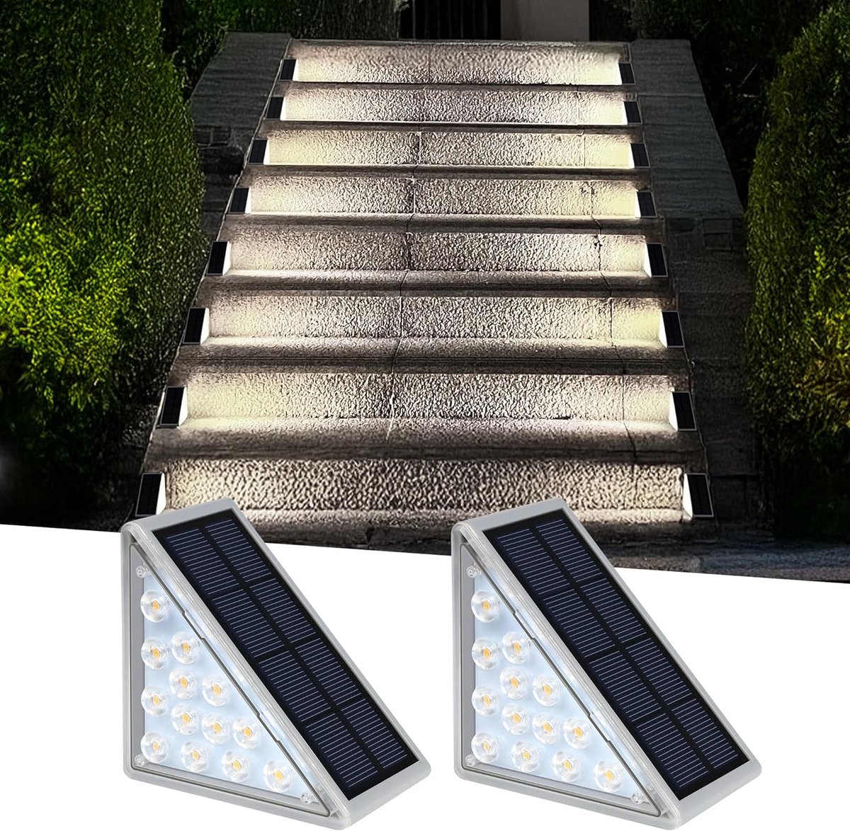 Set van 2 traplampen, wit licht, 13 LED waterdichte buitenlampen op zonne-energie, geschikt voor trappen, veranda's, terrasranden, looppaden en buitendecoratie.