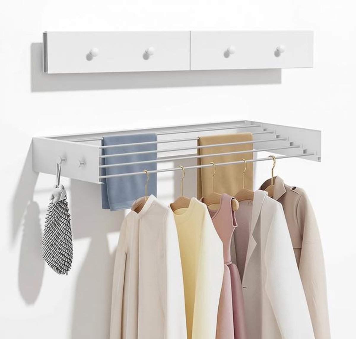 Maison Elara Opvouwbaar wanddroogrek met 4 haken, 60 cm drooglengte, voor binnen en buiten