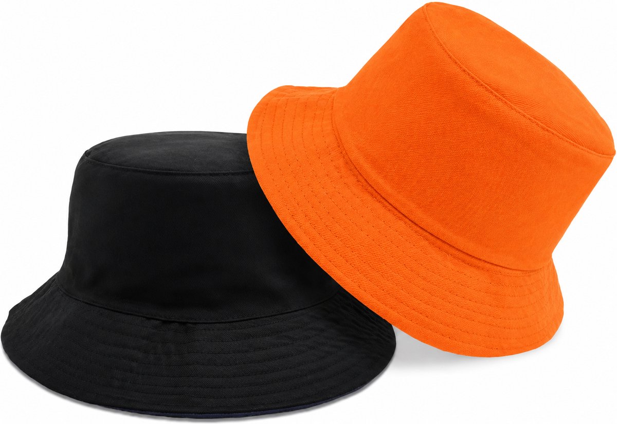 Bucket Hat - Omkeerbaar Vissershoedje - Dubbellaags - Oranje & Zwart - WK & EK - Koningsdag - Reversible - Maat 58 cm - Heren - Dames - Festival Accessoire - Festivalhoedje - Regenhoedje - Zonnehoedje - Emmerhoed - Hoed - Unisex