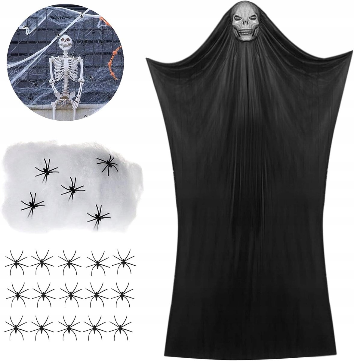 Halloween-decoratieset: spookmaskers, spin en spinnenweb