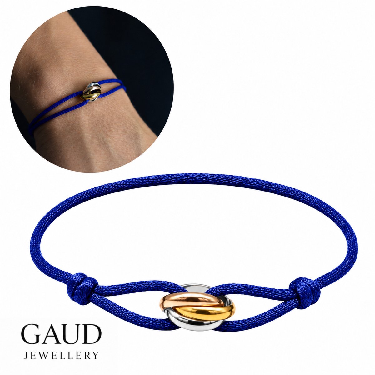 GAUD Trinity Touwarmband Royal Blue Dames & Heren – Verstelbare Blauwe Koordarmband met Goud, Zilver & Roségoud Details