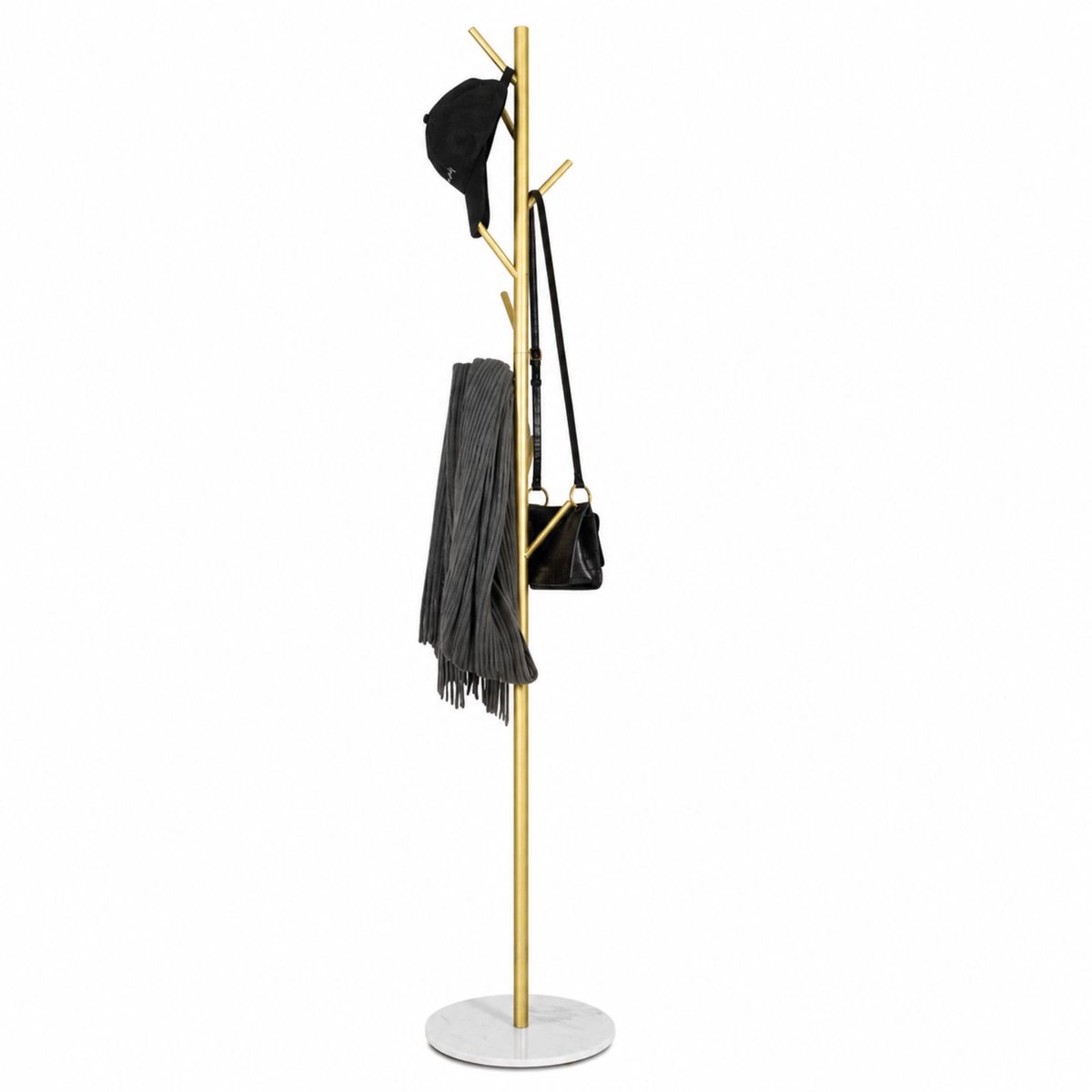 Luxaliving Kapstok Staand / Staande Kapstok / Garderoberek / Kledingrek - Marmeren Voet - 8 Haken - Goud/Wit - 170x32 cm
