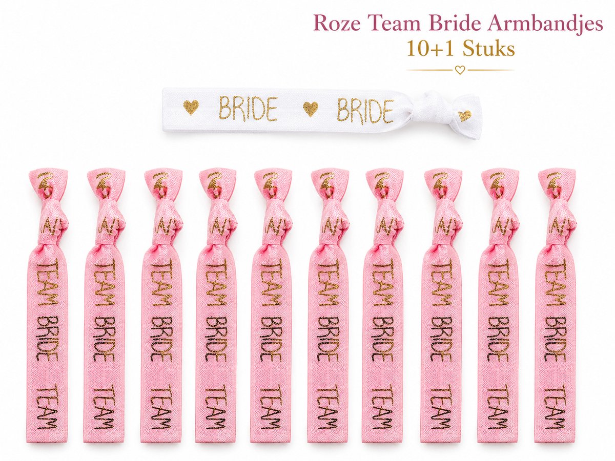 Okado Vrijgezellenfeest Armbandjes Team Bride 11-delig – Rose & Wit Stoffen Polsbandjes – Party Accessoire Voor Bride & Team Bride – Voor Binnen & Buiten