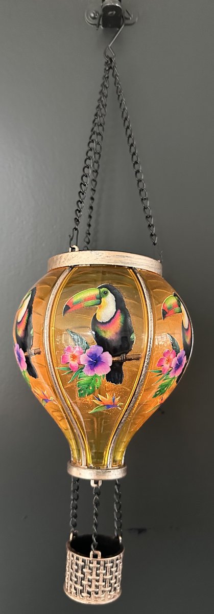 Decoratieve solarlamp luchtballon " met flame LED " - toekan print geel - kunststof - hangend model - hoogte 37x dia 11 cm - Tuindecoratie - Tuinverlichting