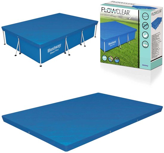 Blauw Bestway Steel Pro rechthoekig zwembadafdekzeil, plat liggend en in de verpakking.