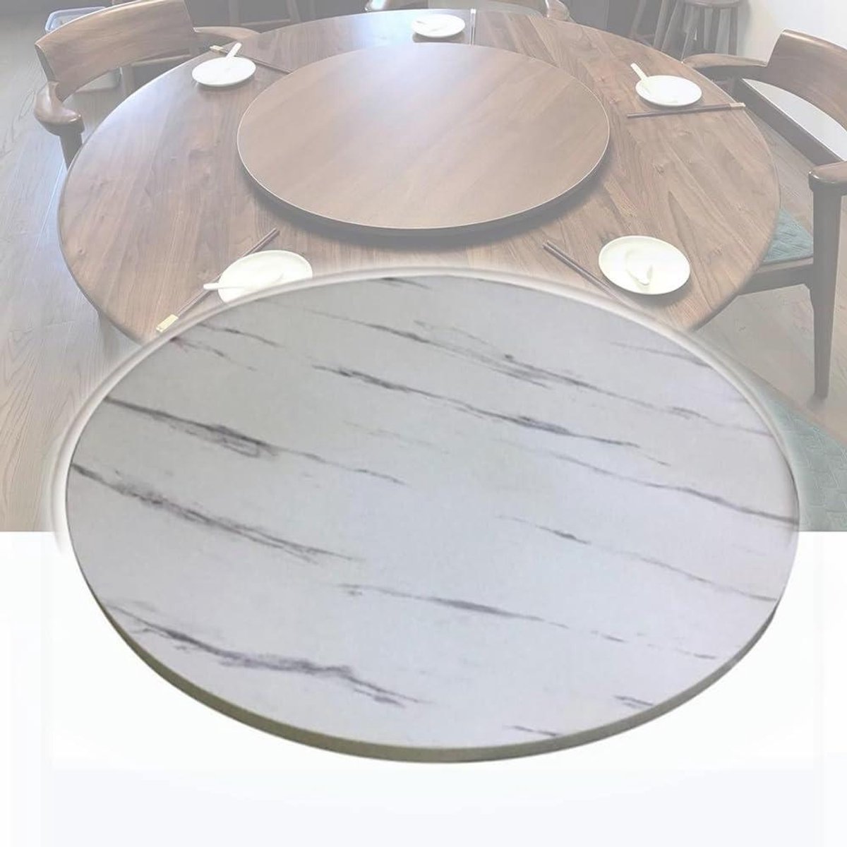 Draaiplateau Tafel - Draaiplateau Rond - Eten Delen - Hittebestendig Hout - 70 cm Diameter - Wit Marmer