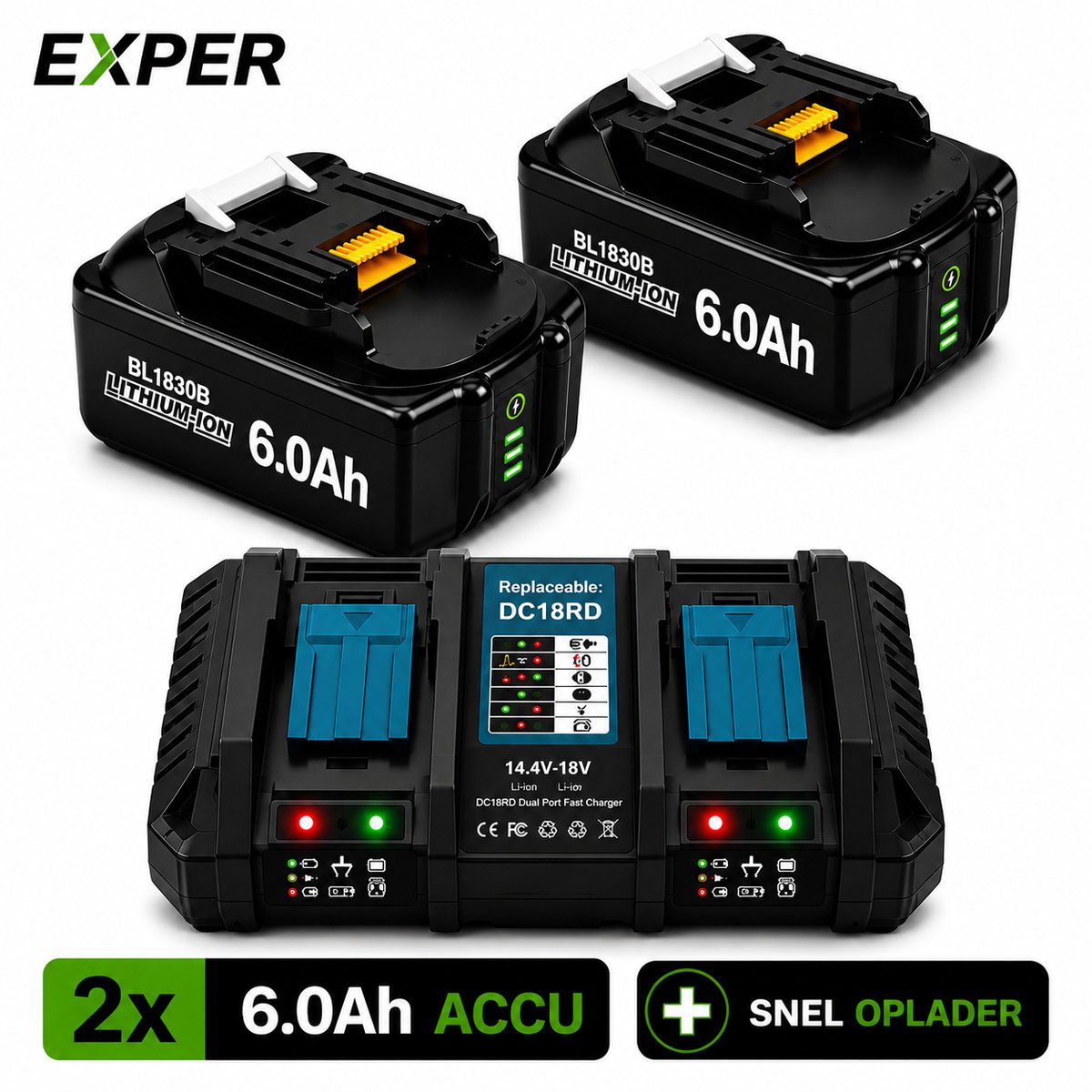 EXPER 18V Accu geschikt voor Makita - 2 Stuks - Extra Duo snellader LXT DC18RD - 18V 6.0Ah Batterij - Vervangende Accu - 6000mAh - LED display - Li-ion Accu - LED Display - Accuboormachine - 18V BL1830B BL1860B BL1840B BL1815 LXT-400 BL1850B