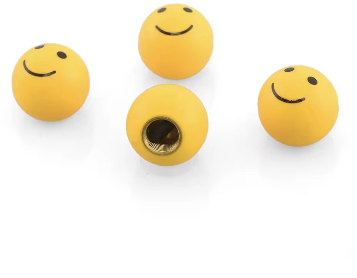 Smiley Ventieldoppen Auto & Motor – Set van 4 – Universele Ventieldopjes – Geel – Stofbescherming voor Bandventielen
