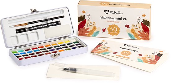 Gouden doos met 50 kleuren aquarelverf, penselen, waterborstel en acrylverf marker.