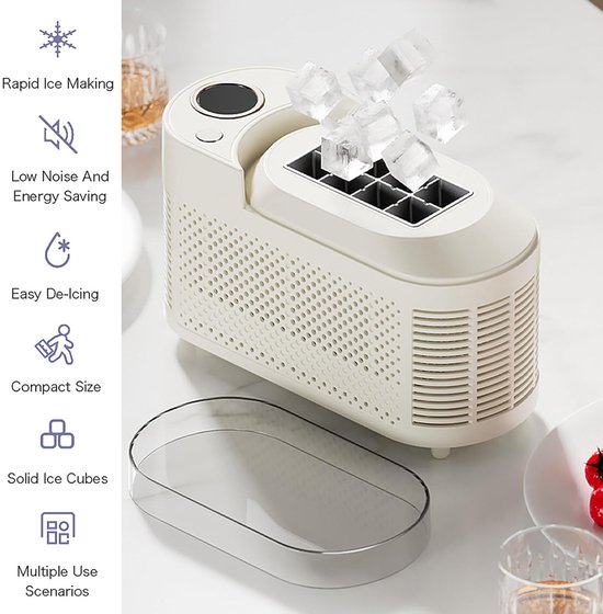 KZQ Ijsblokjesmachine - Draagbare ijsblokjesmachine - Tafelmodel ijsblokjesmachine - Maakt 8 blokjes per keer - Snelle ijsproductie in 10 minuten - Geschikt voor 12V-autostroom - Geschikt voor thuis, in de auto en buitenshuis - Beige van kzq — afbeelding 3