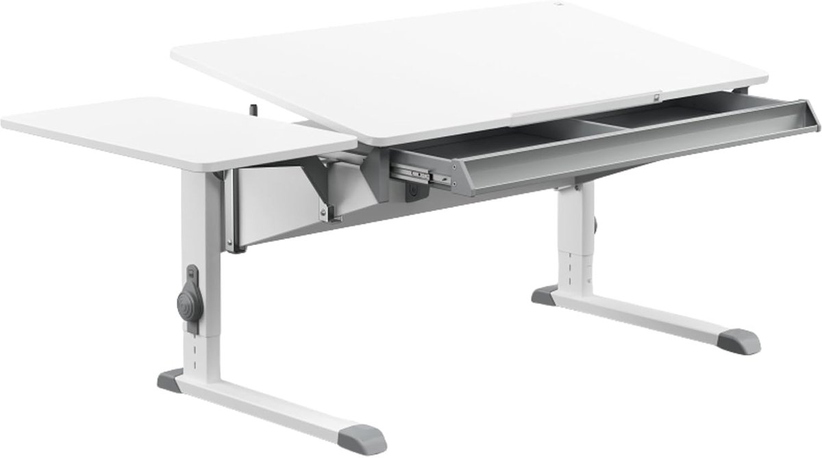 Moll Bandit Kinderbureau - Met lade en Side Top - In hoogte verstelbaar - Kantelbaar blad - Ergonomisch en meegroeiend bureau - Voor schoolkinderen - Wit