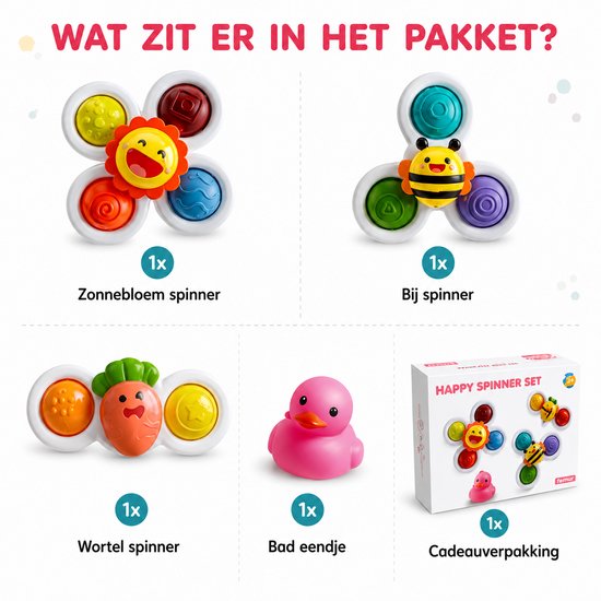 Inhoud van het pakket: zonnebloem spinner, bij spinner, wortel spinner, badeendje en cadeauverpakking.