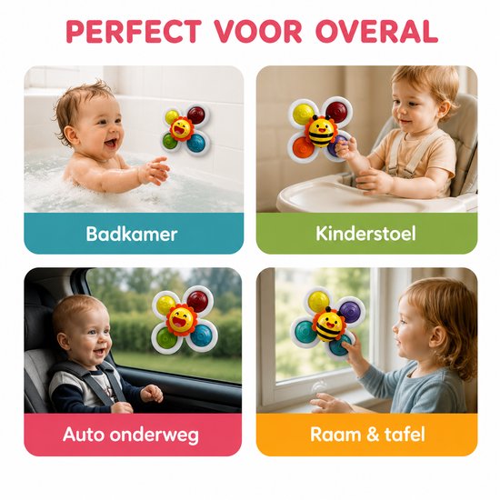 Vier scenario's met baby's die spelen met de spinners: in bad, kinderstoel, auto en bij een raam/tafel.
