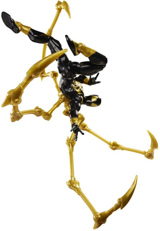 Actiefiguur van Iron Spider die in de lucht springt, met zwart en gouden pak en gele robotarmen.