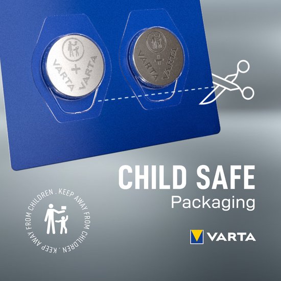 Kindveilige verpakking met twee Varta knoopcelbatterijen, schaar-pictogram en waarschuwing.