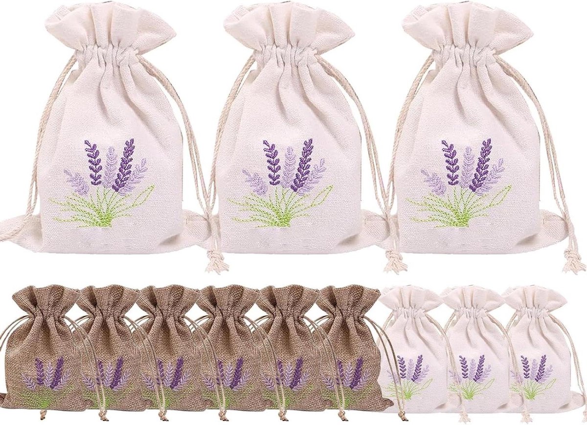 Lege Lavendel Zakjes - Stoffen Geurzakjes - Geuren Verspreiden - Geborduurd Trekkoord Design - 10x14cm 12 Stuks - Beige