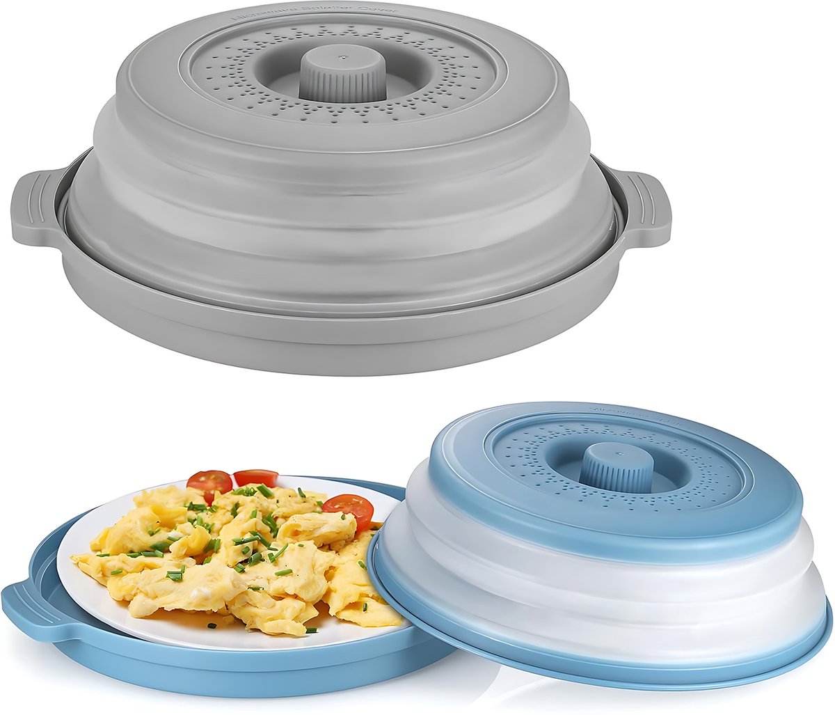 2-delige Voedseldeksel Set Blauw + Grijs – Magnetron Deksel Anti-Spat – Herbruikbare Vershoud- en Warmtekap voor Keuken