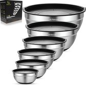 HI NATURE™ RVS Mengkommen set 6 met Luchtdichte Deksel - Antislip - Rustvrije Staal Kommen set | Patisseriekommen - Mixkom - Beslagkommen - Mengschalen - Bakspullen - Slakom - Saladekom | Vaatwasserbestendig - Antislip siliconen basis