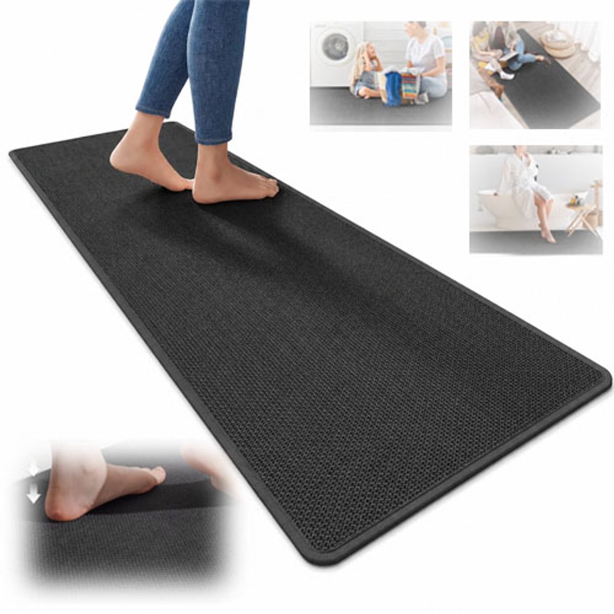 VHV Keukenmat - Keukenloper - Vloermat keuken - Antislip - Waterabsorberend - Linnen look - Voor de keuken en het aanrecht - Wasbaar - 50*160cm - Zwart