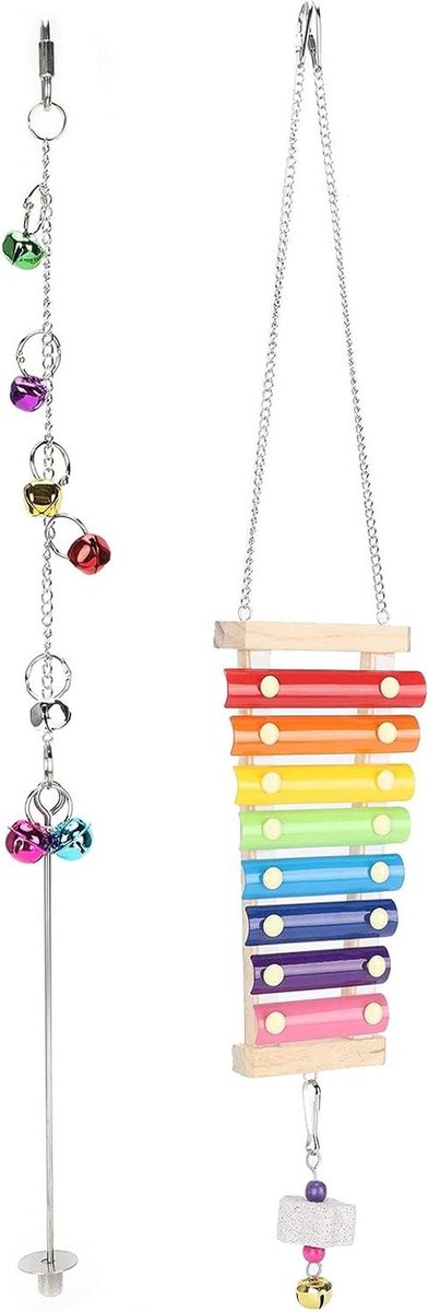 Vogel Speelgoed Set - Kip en Papegaai - Verrijking Hok - Roestvrij Staal Fruitvork - 27x16x5 cm - Multicolor