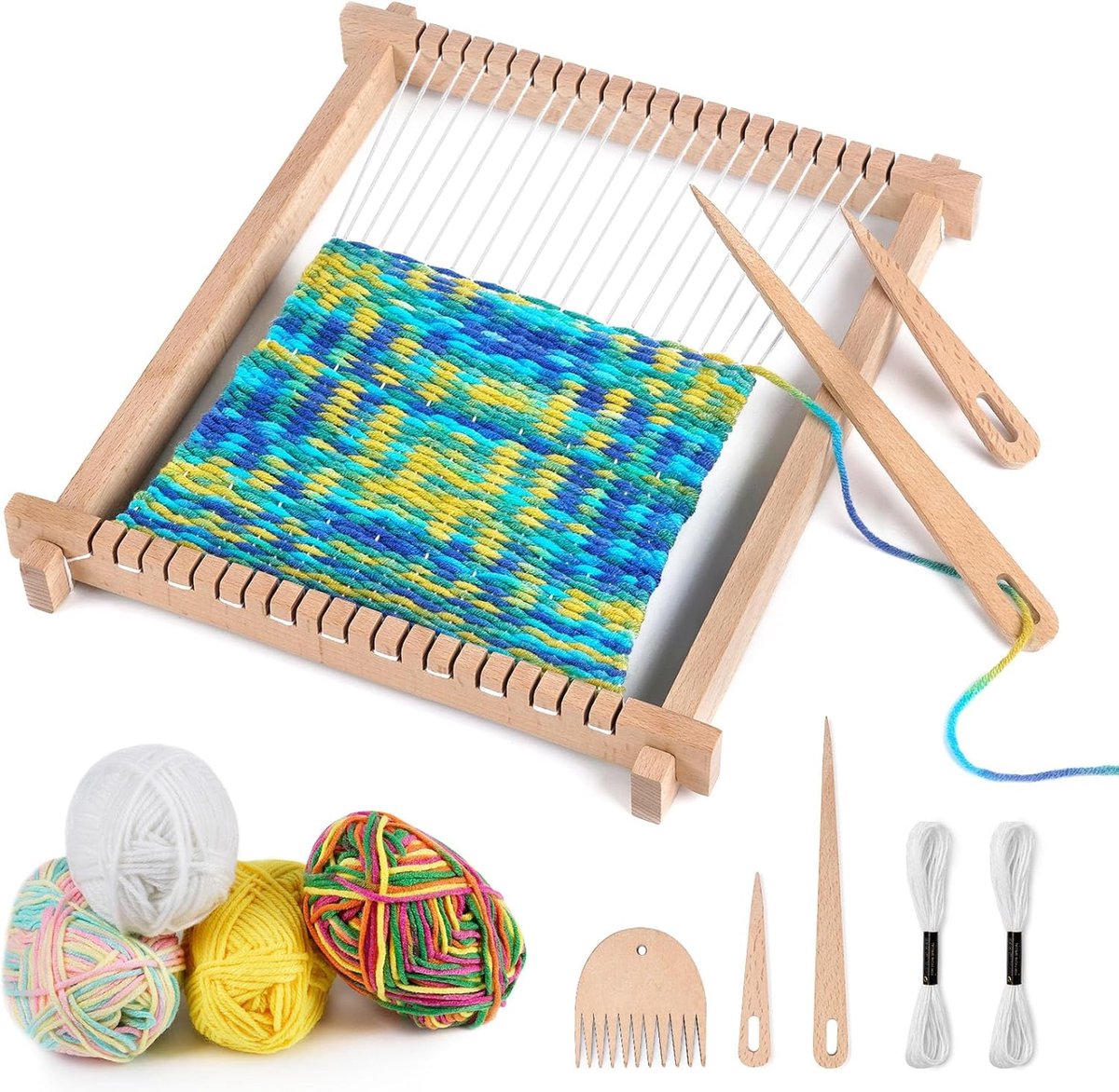 Hout Weefgetouw - 24 x28cm - Kinder Weefraam - Weefgetouwset voor kinderen - Creative Weven - Handwerk en weefset - inclusief weefraam en garen - Voor volwassenen, doe het zelf handwerk & beginners - Educatief speelgoed