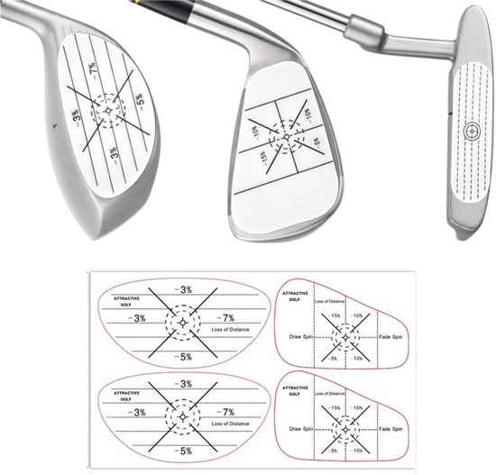 Golfclub stickers in verschillende maten en vormen met slagmarkeringen.