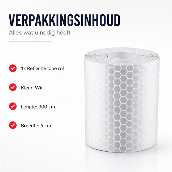 Witte reflecterende tape rol, 300 cm lang, 5 cm breed. Verpakkingsinhoud: 1x reflectie tape rol.