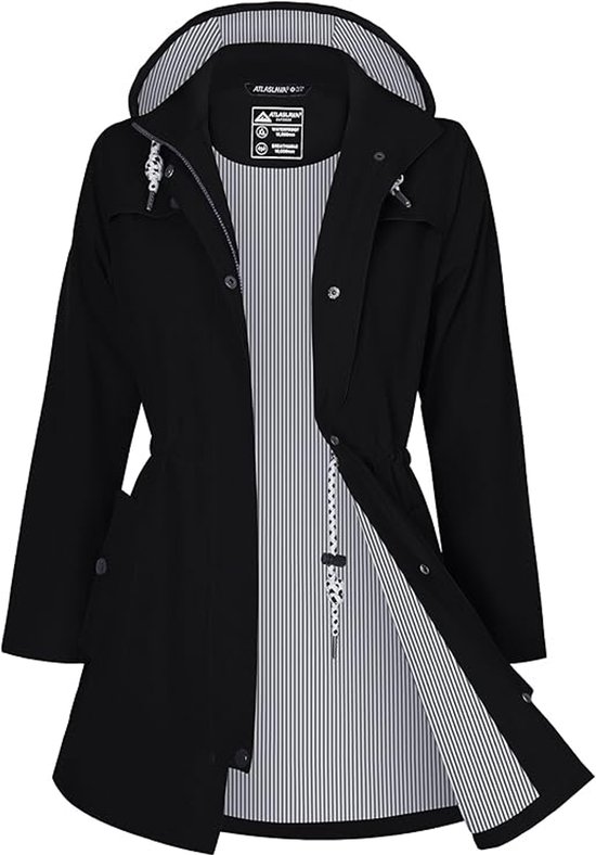 Veste de pluie noire avec doublure rayée et capuche.