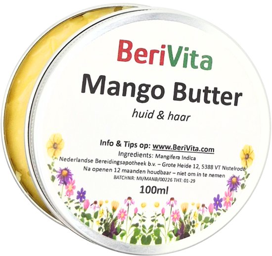 Blik met Berivita Mango Butter, huid & haar, 100ml. Met bloemenrand.