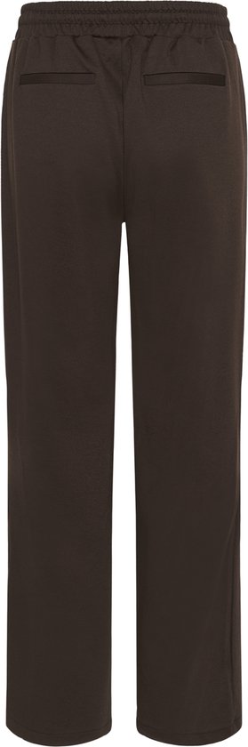 Vooraanzicht van een bruine wijde broek met elastische tailleband en strikceintuur.