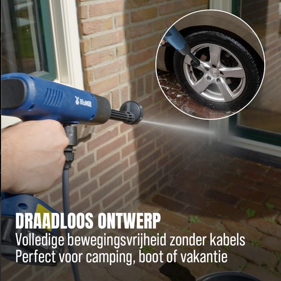 BluMill Hogedrukreiniger op Accu - Draadloze Hogedrukspuit - 6 in 1 Spuitkop - 5 m Waterslang - Voor Auto, Tuin en Camping van BluMill — afbeelding 2