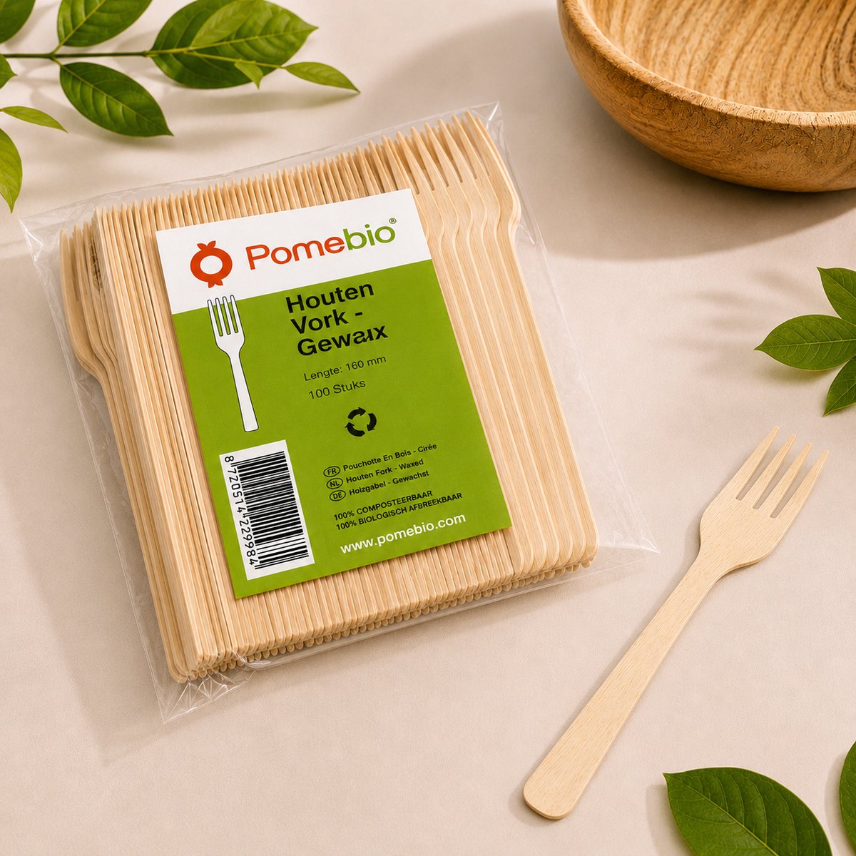 PomeBio houten vork - 160 mm - gewaxt - 100 stuks