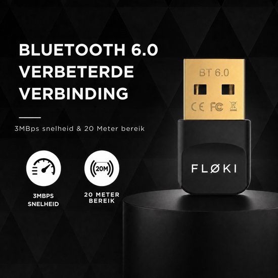 Gouden FLØKI Bluetooth 6.0 adapter. Toont "3MBPS SNELHEID" en "20 METER BEREIK" met bijbehorende pictogrammen. Tekst: "BLUETOOTH 6.0 VERBETERDE VERBINDING".