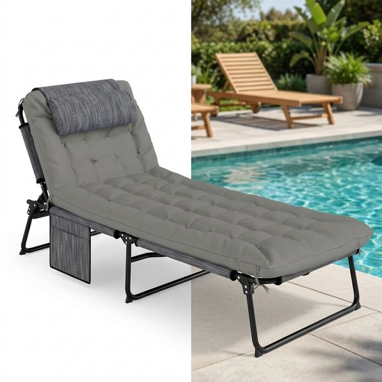 Transat - Jardin - Bain de soleil - Chaise longue - Lit de détente - Résistant aux intempéries - Réglable - Extérieur - Pliable - Gris