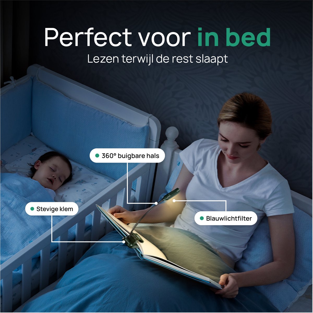 JUALL LED Leeslampje voor Boek - 9 Lichtstanden - Oplaadbaar Leeslampje voor in Bed - Boeklampje - Leeslampje met Klem - Bedlampje - Groen — cadeau in Gadgets - foto 6