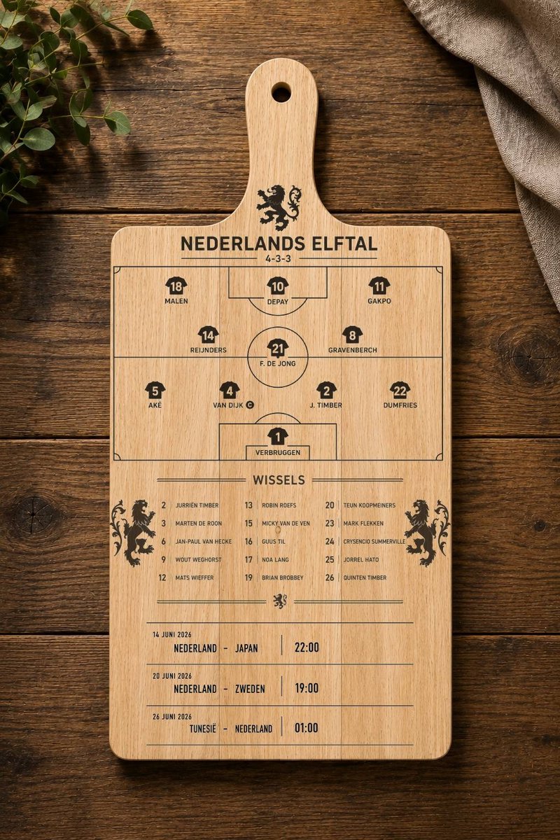 Nederlands Elftal Borrelplank XL 31x48 cm – Mango Hout – WK 2026 Opstelling & Speelschema